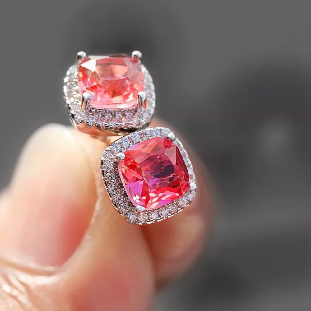 Pink Diamond Halo Stud Earrings - Picture 2 of 4
